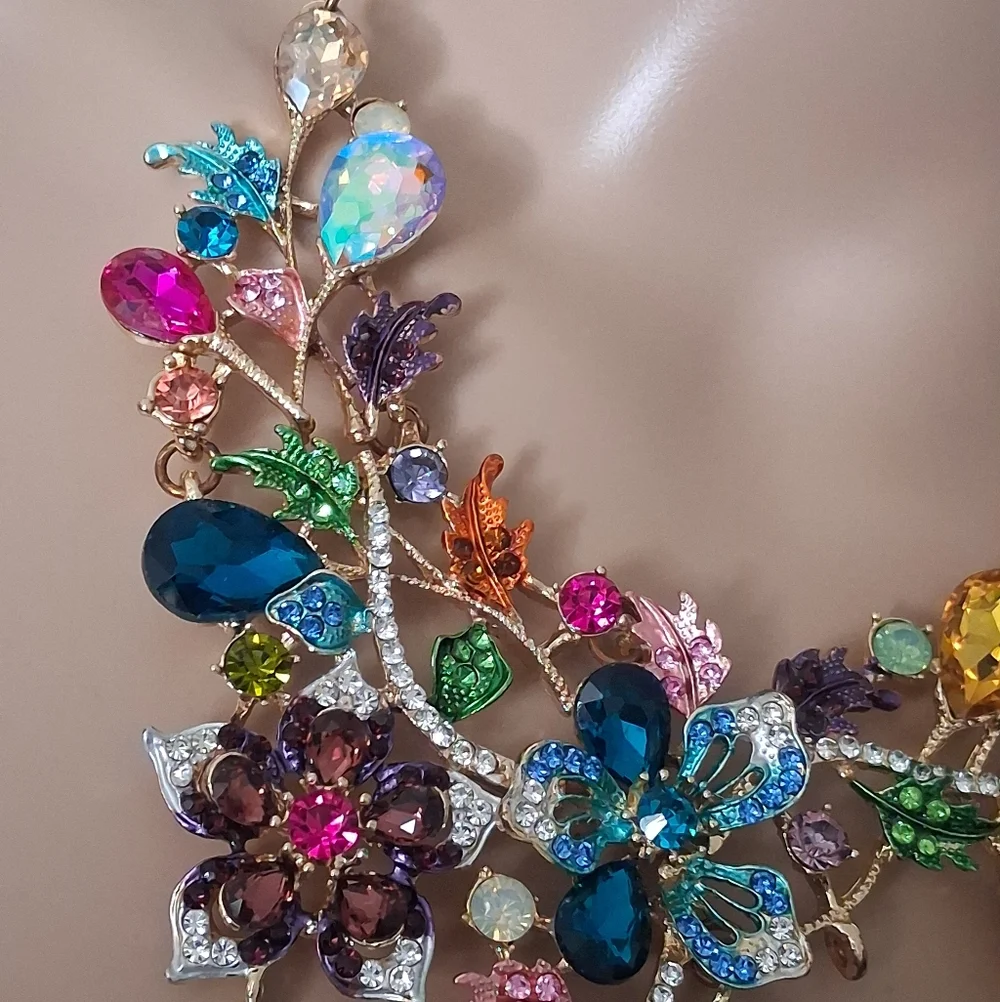 Goldtone Colorful Floral And Vine Statement Necklace